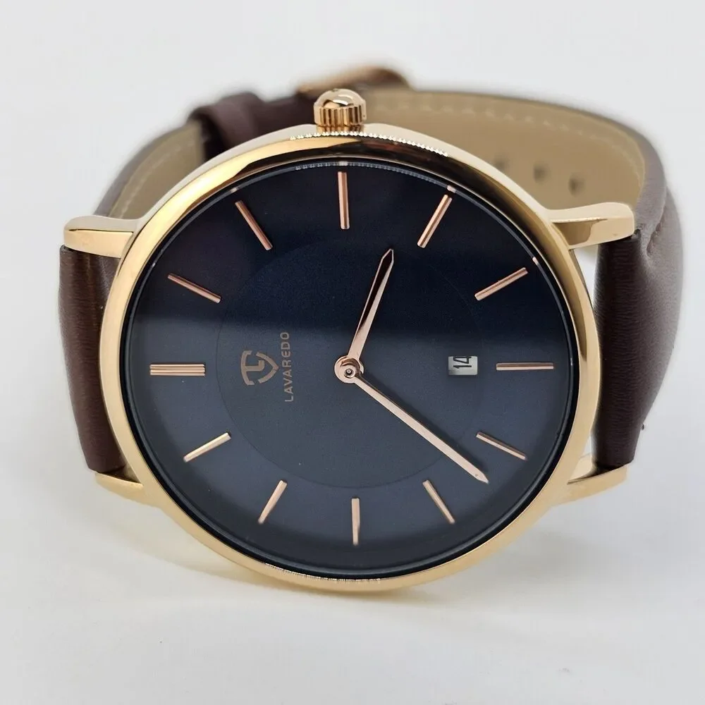 Men's Watch 40MM Gold Case Blue Dial Brown Leather Band‎ Straps Date Indicator